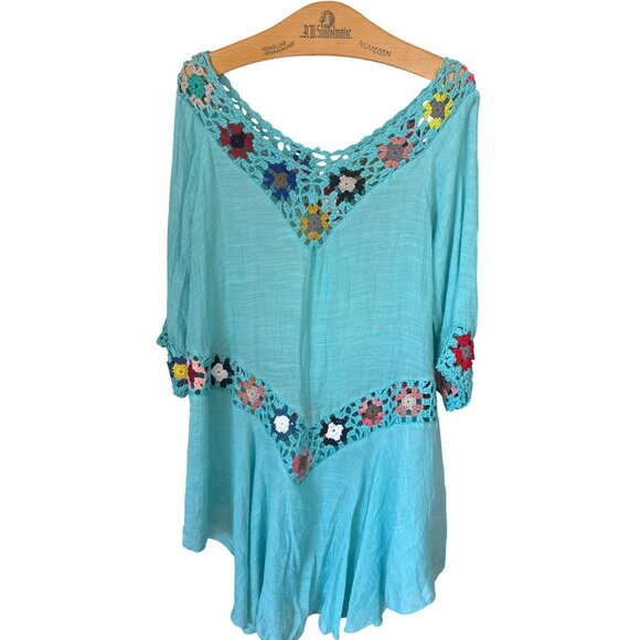Women's Turquoise Blue Crochet Swim Tunic Cover Up Top L/Xl Boho Colorful Beach - Picture 3 of 6